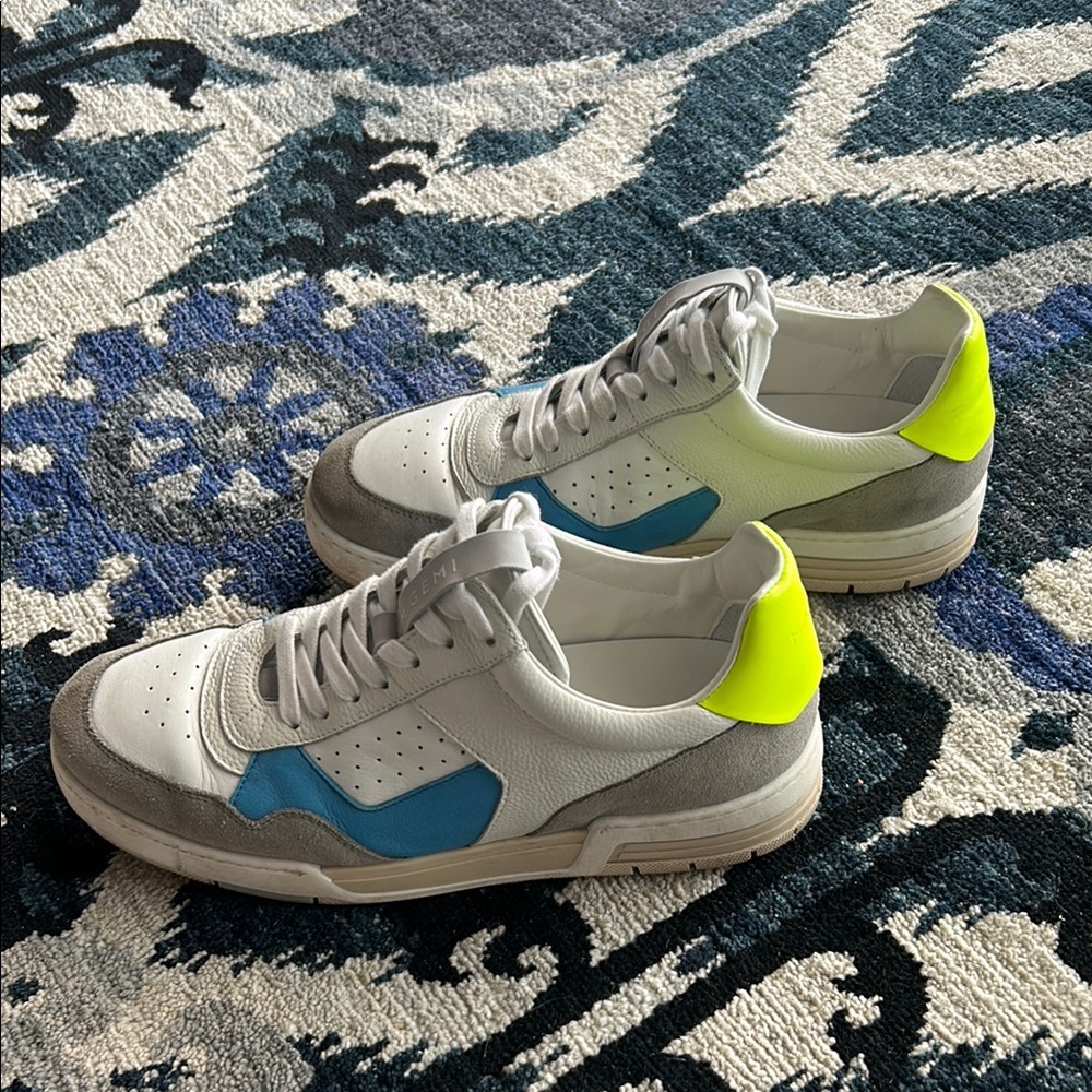 M. Gemi Men’s White and Blue Sneakers with Neon Yellow Accent